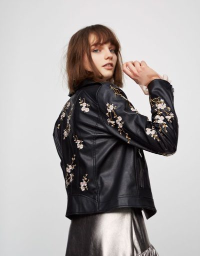 Jessica Lord Find me in Paris Lena Grisky Black Leather Floral Printed Jacket