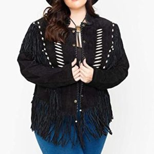 Womens Bone Bead and Fringe Black Jacket