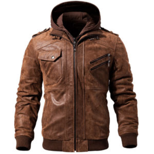 Removable Hood Brown Leather Jacket