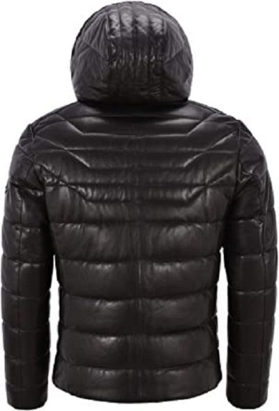 Puffer Hooded Black Leather Jacket