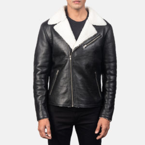 White Shearling Black Leather Biker Jacket