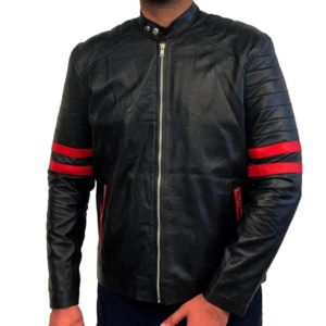 Black Leather Jacket with Red Stripes