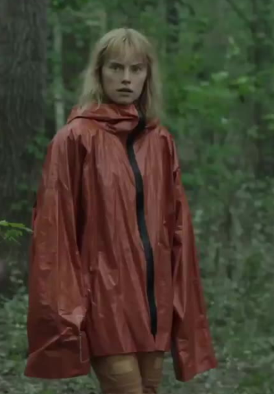 Viola Eade Chaos Walking Daisy Ridley Orange Rain Coat