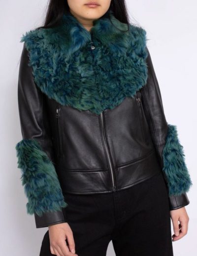 shearling aviator green fur leather jacket for women