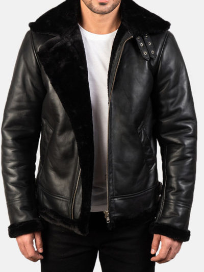 Men’s B-3 Black Sheepskin Leather Bomber Jacket