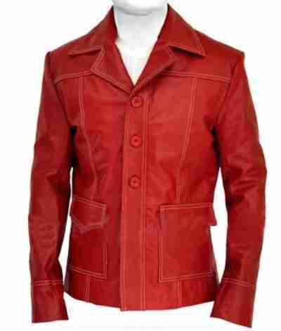 Fight Club Brad Pitt Leather Red Coat