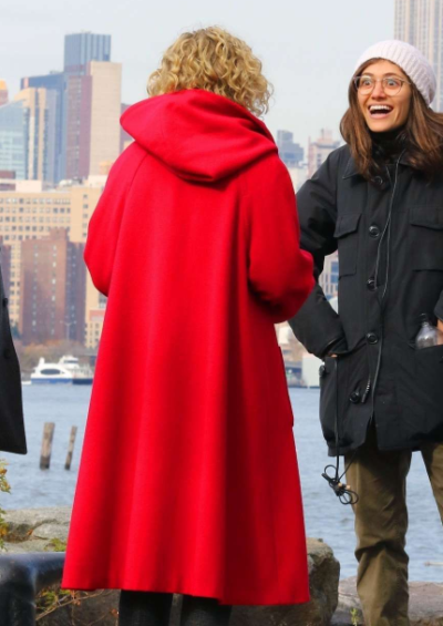 modern love julia garner red hooded coat
