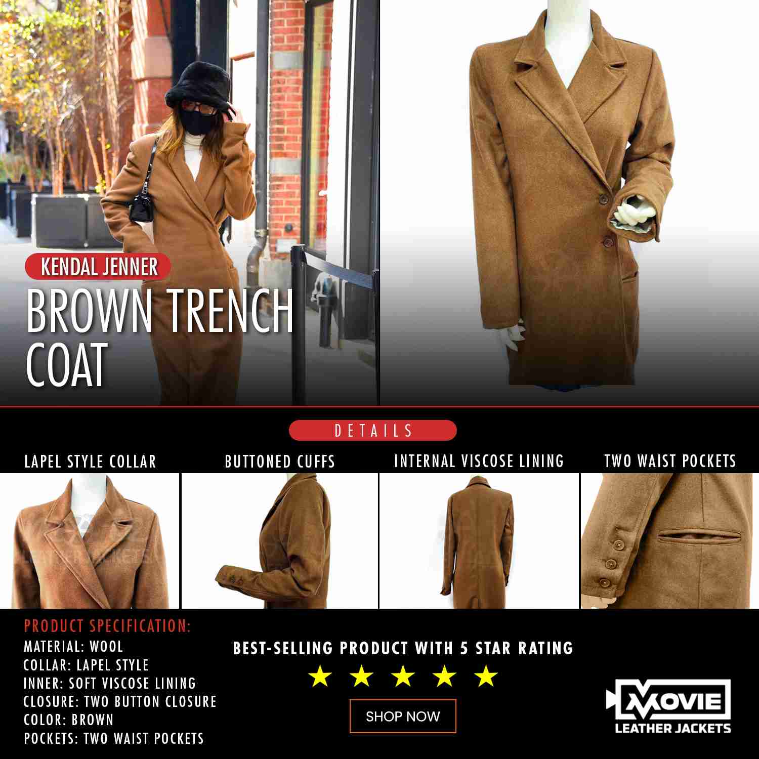 Kendall Jenner New York Brown Wool Trench Coat