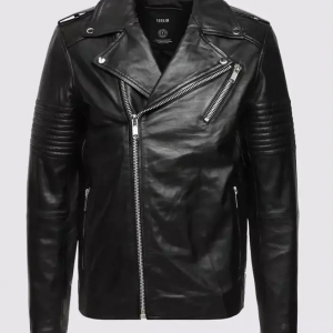 Bryon Black Asymmetrical Belted Biker Leather Jacket