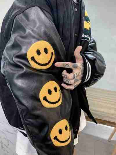 Furry Smiley Patchwork Varsity Bomber Black Jacket