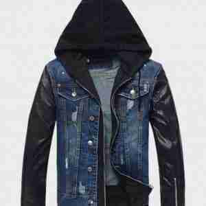Mens Hooded Leather Denim Jacket