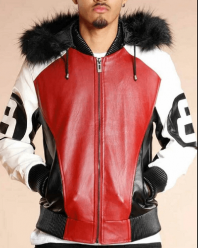 8 Ball Logo Fur Hooded Leather Jacket
