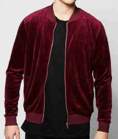 Men Velvet Velour Burgundy Bomber Jacket