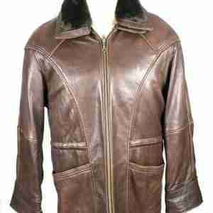 Mens Pelle Brown Leather Fur Collar Jacket