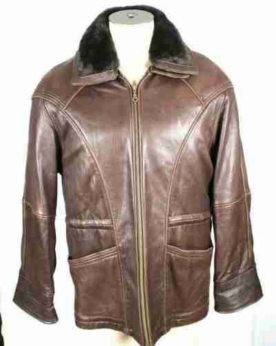 Mens Pelle Brown Leather Fur Collar Jacket
