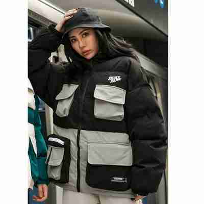 Multi Pockets Patchwork Hooded Black Parka