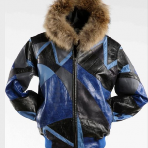 Pelle Pelle Mens Abstract Fur Hooded Blue Jacket
