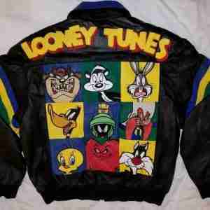 Vintage 90s Looney Tunes Leather Bomber Jacket