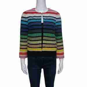 Women Rainbow Striped Textured Cropped Jacket