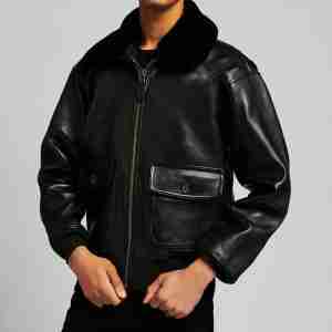 Black Leather Flight Shearling Collar Jacket