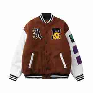 Embroidery Patchwork Varsity Brown Jacket