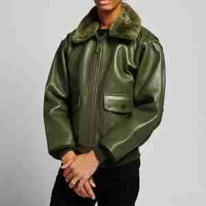 Green Leather Flight Shearling Collar Jacket