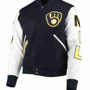 Milwaukee Brewers Blue and White Letterman Jacket