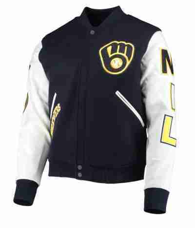 Milwaukee Brewers Blue and White Letterman Jacket