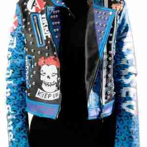 Women Graphic Studded Leather Jacket