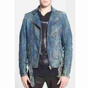 Men's Biker Blue Jean Asymmetrical Zipper Jacket