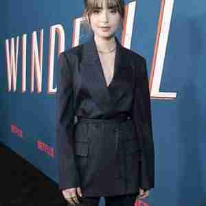 Windfall 2022 Premiere Lily Collins Blue Stripe Blazer