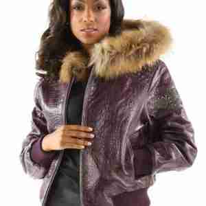 Pelle Pelle Fur Hooded Purple Leather Jacket