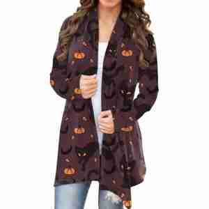 Halloween Black Cat Print Long Coat