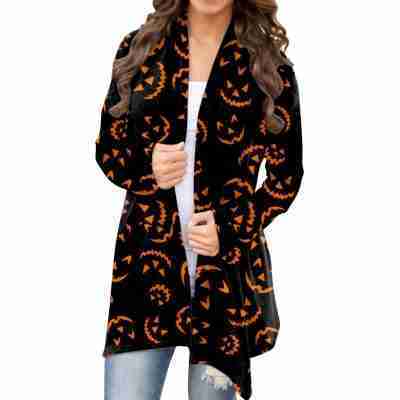 Halloween Black & Pumpkin Smiley Face Print Coat