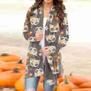 Halloween Cat Print Long Grey Coat