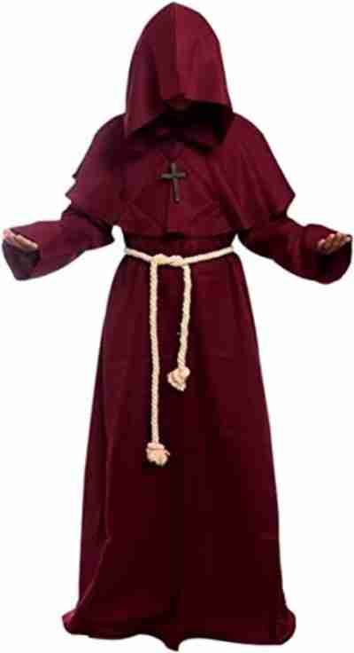 Halloween Monk Hooded Priest Robe Burgundy Costume