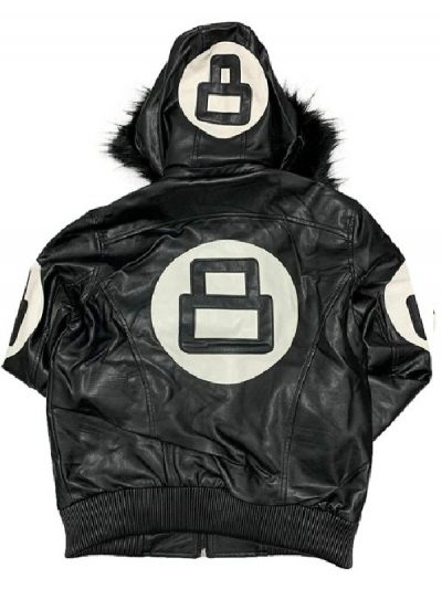 Unisex 8 Ball Black Bomber Hooded Leather Jacket
