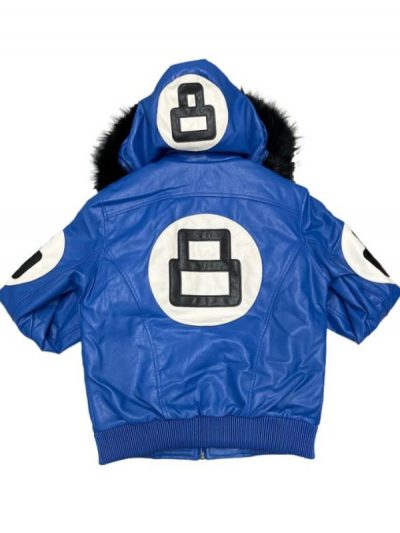 Unisex 8 Ball Blue Bomber Hooded Leather Jacket