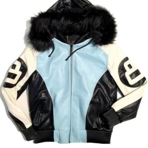 Unisex 8 Ball Light Blue & Black Bomber Leather Jacket