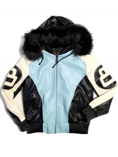 Unisex 8 Ball Light Blue & Black Bomber Leather Jacket