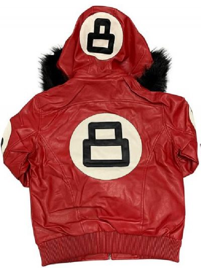 Unisex 8 Ball Red Bomber Hooded Leather Jacket