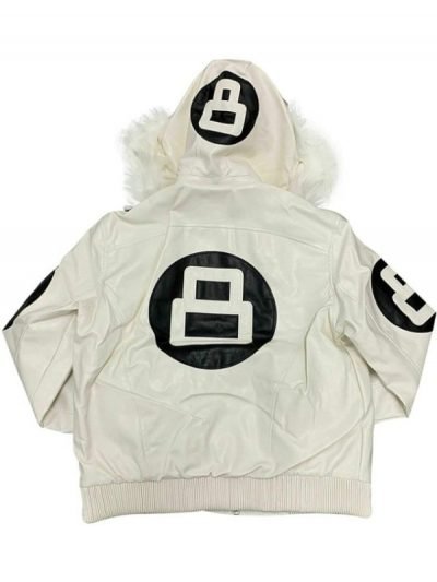 Unisex 8 Ball White Bomber Hooded Leather Jacket