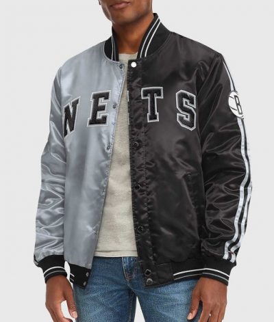 Brooklyn Nets Black and Gray Varsity Satin Jacket