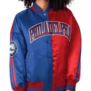 Philadelphia 76ers Split Colorblock Blue And Red Satin Jacket