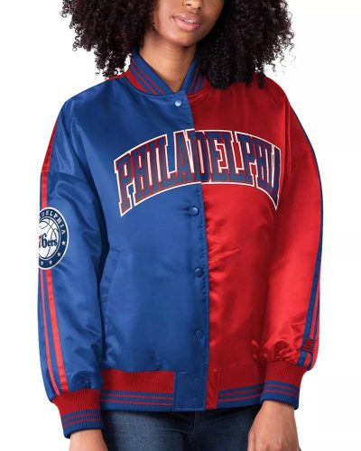 Philadelphia 76ers Split Colorblock Blue And Red Satin Jacket