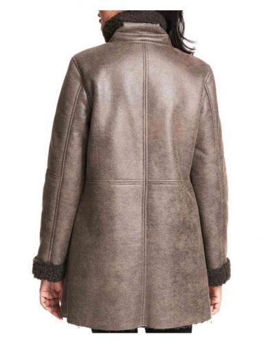 Women’s Asymmetrical Zipper Faux Shearling Grey Leather Coat