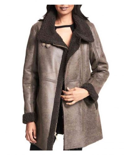 Women’s Asymmetrical Zipper Faux Shearling Grey Leather Coat