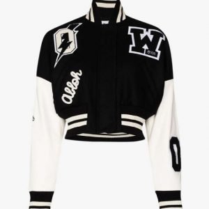 Off White Cropped Black and White Varsity Bomber Jacket