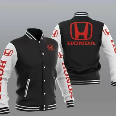 Black White Honda Car Baseball Varsity Jacket