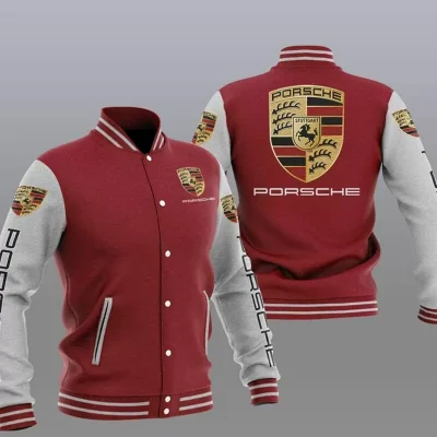Maroon Grey Porsche Car Baseball Varsity Jacket